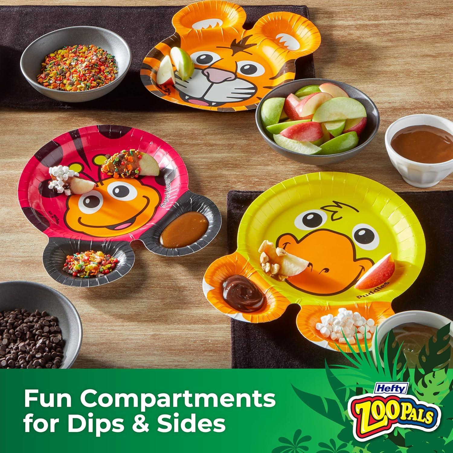 imageHefty Zoo Pals Party Edition Paper Plates for Kids Assorted Animal Designs 775 Inches with Two Dipping Compartments MultiColor 20 Count8 Inch Plate