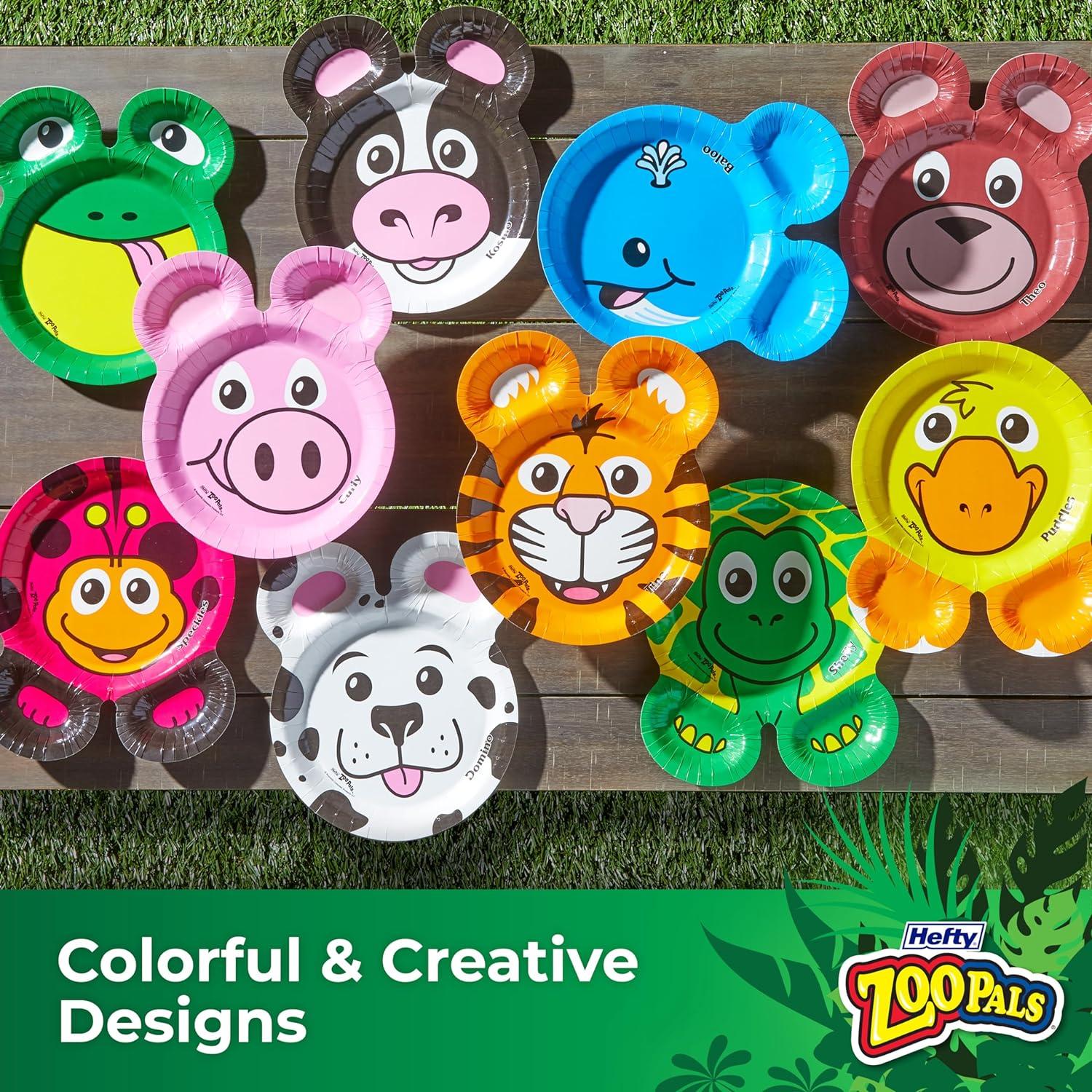 imageHefty Zoo Pals Party Edition Paper Plates for Kids Assorted Animal Designs 775 Inches with Two Dipping Compartments MultiColor 20 Count8 Inch Plate