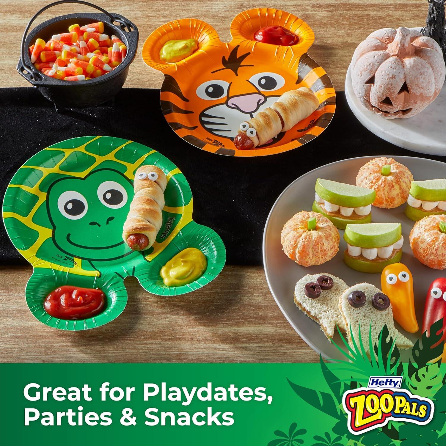 imageHefty Zoo Pals Party Edition Paper Plates for Kids Assorted Animal Designs 775 Inches with Two Dipping Compartments MultiColor 20 Count8 Inch Plate