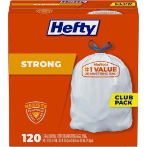 imageHefty Strong 13 Gallon Trash Bags Tall Kitchen Trash Bags UnscentedLarge Trash Bags with Drawstrings Durable Closure Resists Leaks Punctures and Tears White Unscented 90 Bags120 Count Pack of 1