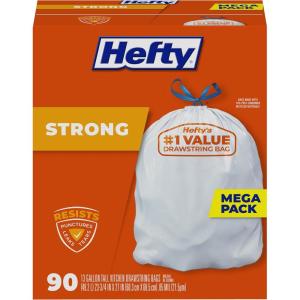 imageHefty Strong 13 Gallon Trash Bags Tall Kitchen Trash Bags UnscentedLarge Trash Bags with Drawstrings Durable Closure Resists Leaks Punctures and Tears White Unscented 90 Bags90 Count Pack of 1