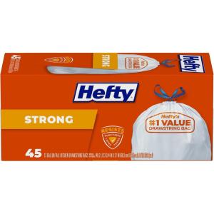 imageHefty Strong 13 Gallon Trash Bags Tall Kitchen Trash Bags UnscentedLarge Trash Bags with Drawstrings Durable Closure Resists Leaks Punctures and Tears White Unscented 90 Bags45 Count Pack of 1