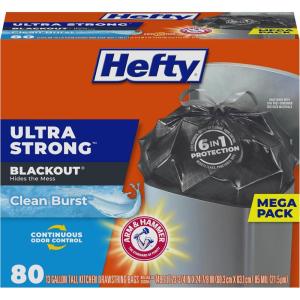 imageHefty Ultra Strong 13 Gallon Trash Bags Black Tall Kitchen Trash Bags 13 Gallon Size Break Resistant Drawstring Enclosure Continuous Odor Control Blackout Clean Burst Scent 80 BagsBlack