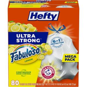 imageHefty Ultra Strong 13 Gallon Trash Bags Black Tall Kitchen Trash Bags 13 Gallon Size Break Resistant Drawstring Enclosure Continuous Odor Control Blackout Clean Burst Scent 80 BagsFabuloso Lemon