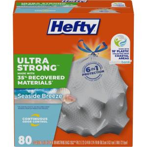 imageHefty Ultra Strong 13 Gallon Trash Bags Black Tall Kitchen Trash Bags 13 Gallon Size Break Resistant Drawstring Enclosure Continuous Odor Control Blackout Clean Burst Scent 80 BagsSeaside Breeze  Eco Friendly