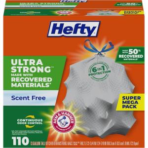 imageHefty Ultra Strong 13 Gallon Trash Bags Tall Kitchen Trash Bags 13 Gallon Size Drawstring Closure Continuous Odor Control White Unscented 110 BagsGrey