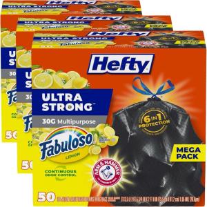 imageHefty Ultra Strong 30 Gallon Trash Bags Large Trash Bags 30 Gallon Size Multipurpose Break Resistant Drawstring Closure Resists Leaks Punctures and Tears Black Fabuloso Lemon Scent 50 Bags50 Count Pack of 3