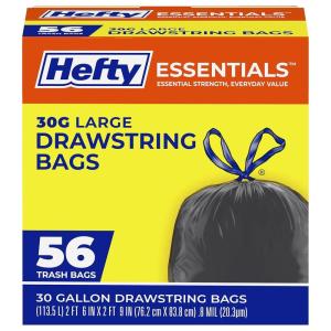 imageHefty Essentials Drawstring 30 Gallon Trash Bags 56 Count Bulk Black Garbage Bags for Garages Parties Large Trash Items and More Scent Free BlackLarge Black 30 Gallon