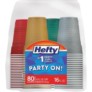 imageHefty Party On Disposable Plastic Party Cups 80 Count 16 Oz Cups in Assorted Colors for Gatherings Parties and More Textured Sides for Easy Gripping Strong and DurableFestive